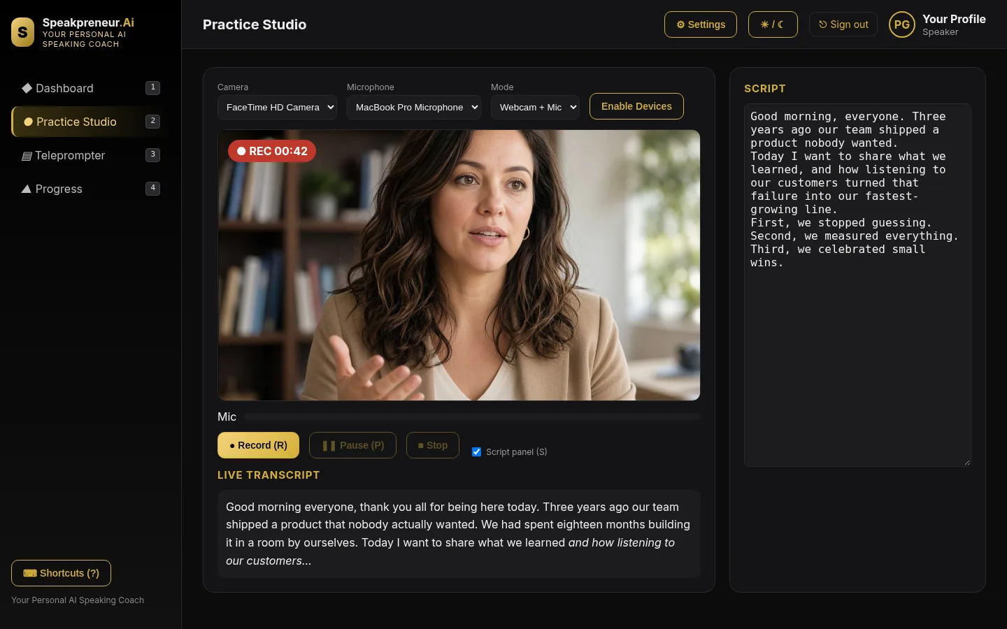Practice Studio with camera, microphone and recording controls